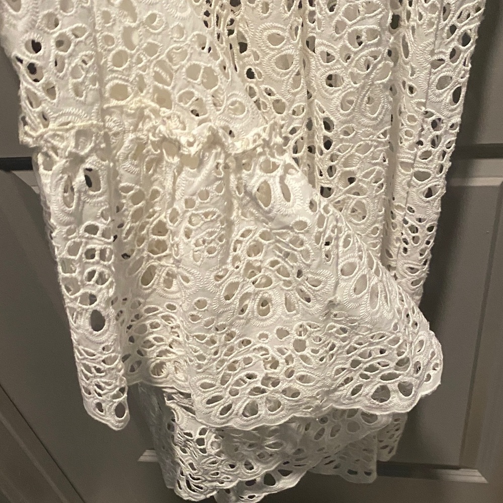 Eyelet Lace Midi Dress Latte Boho Cottagecore Tiered Long Sleeve Dress Bridal - Picture 8 of 11